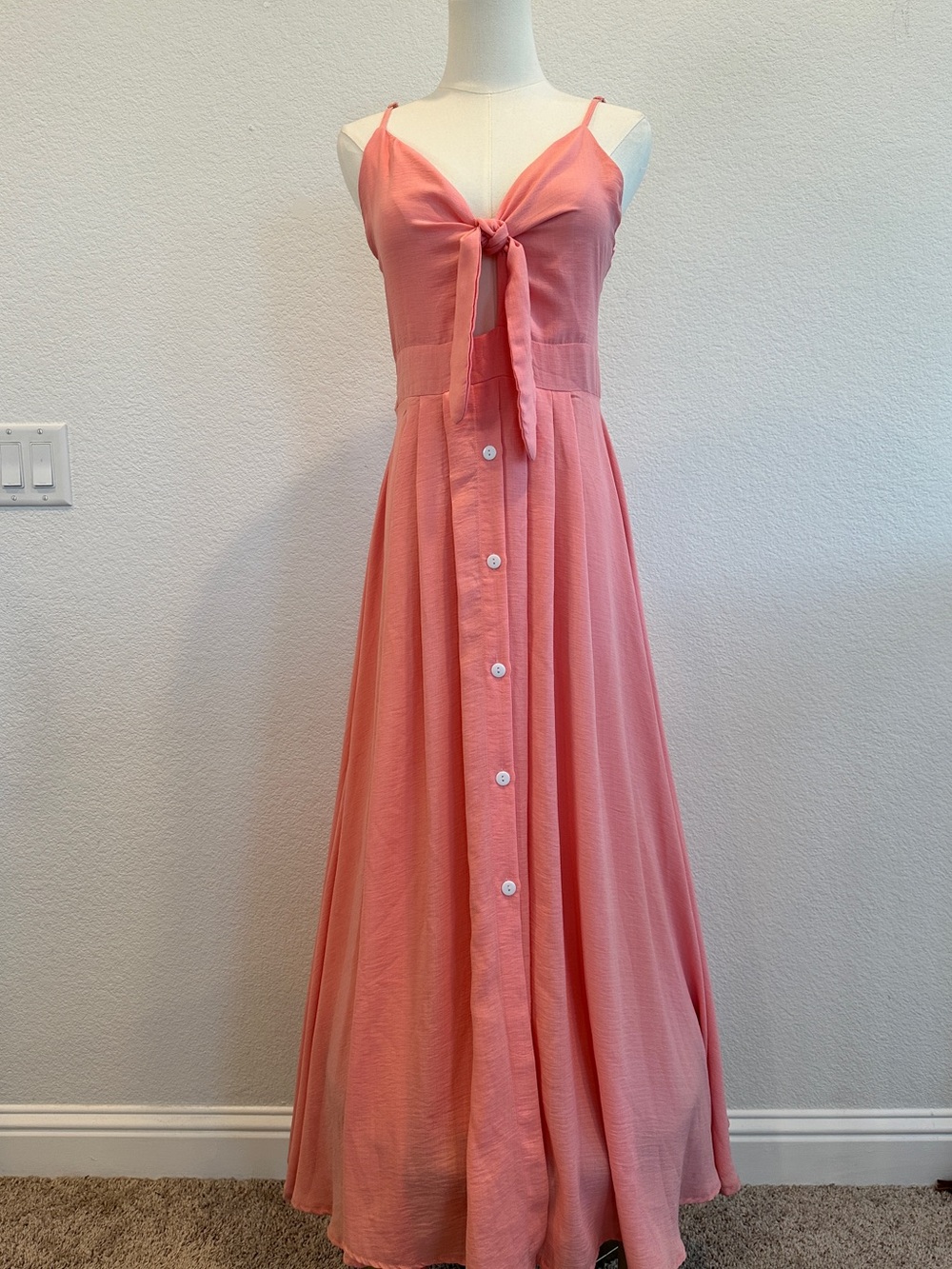 CBR Coral Pink Tie Front Maxi Dress Size Medium | Flowy Summer Dress